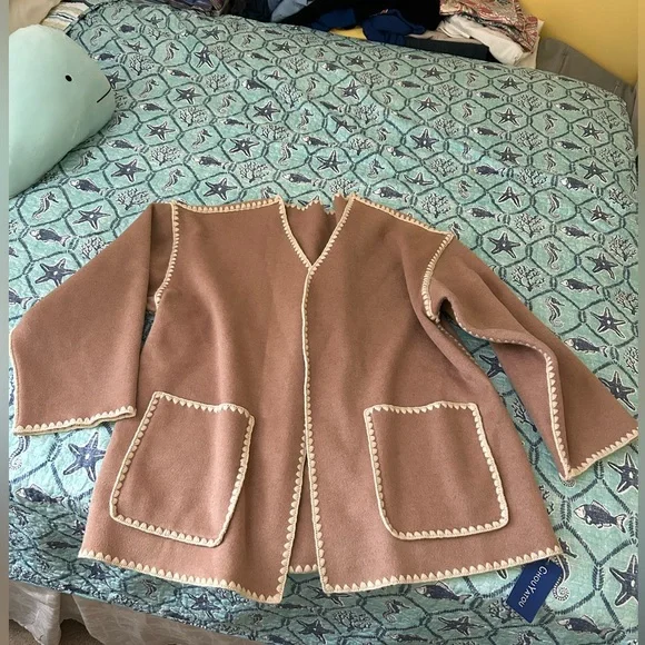 NWT..Charming Tan Cardigan with Cream Trim - Picture 1 of 4